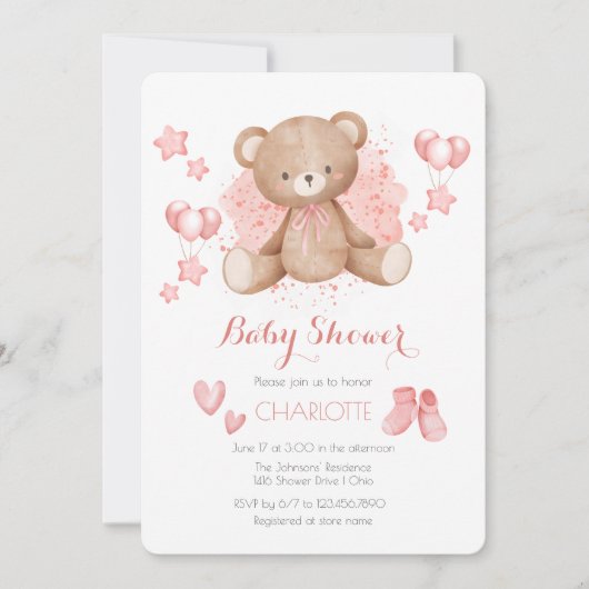 Roze Teddybeer Baby Shower Uitnodiging (Voorkant)