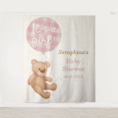 Roze teddybeer babyshower achtergrond wandkleed (Voorkant)
