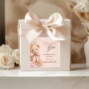 Roze teddybeer babyshower bedankje vintage vierkante sticker