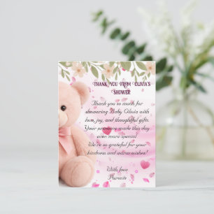 Roze teddybeer babyshower bedankkaart. bedankkaart