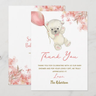 Roze teddybeer babyshower | Bloemige babymeisje Bedankkaart
