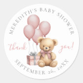 Roze teddybeer babyshower klassieke ronde sticker (Voorkant)