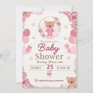 Roze Teddybeer Babyshower Uitnodiging