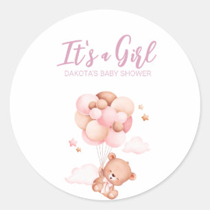 Roze teddybeer ballon baby shower ronde sticker