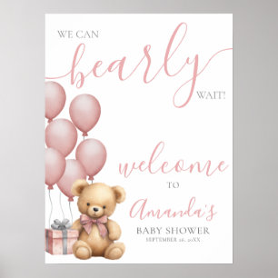 Roze teddybeer ballonnen babyshower welkom poster
