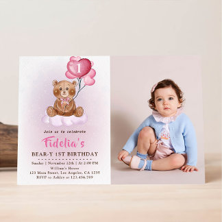 Roze teddybeer ballonnen eerste verjaardag foto kaart