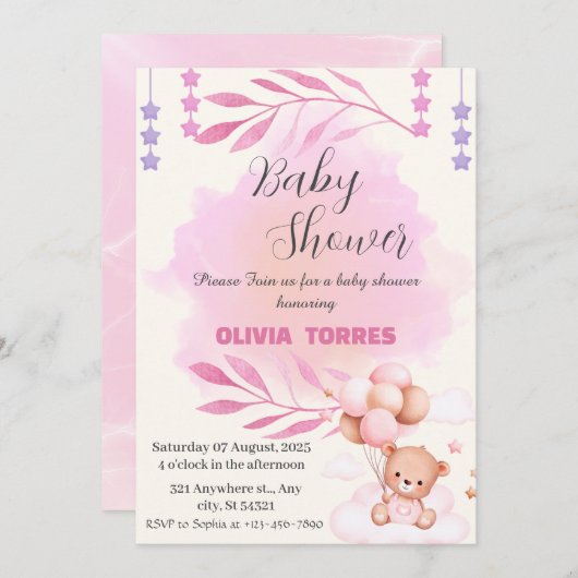 Roze, teddybeer, ballonnen, meisje Baby shower Kaart (Voorkant / Achterkant)