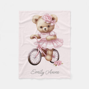 Roze Teddybeer Bloemen Fiets Kindernaam Fleece Deken