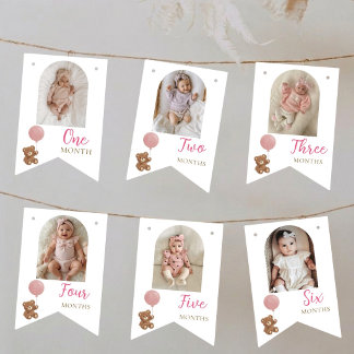 Roze teddybeer eerste verjaardag foto vlaggenlijn vlaggetjes