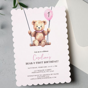 Roze teddybeer eerste verjaardag kaart