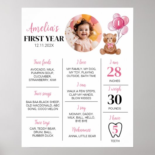 Roze Teddybeer Eerste Verjaardag Mijlpaal teken Poster (Voorkant)