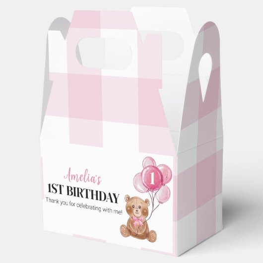 Roze Teddybeer Eerste Verjaardagsfeestje Favor Box Bedankdoosjes (Geopend)