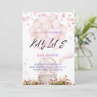 Roze teddybeer en ballonnen babyshower uitnodiging
