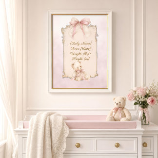 Roze teddybeer geboorte statistieken poster voor d