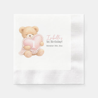 Roze Teddybeer Gingham Meisje 1e Verjaardag Servet