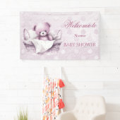 Roze Teddybeer in mand Baby shower Spandoek (Insitu)