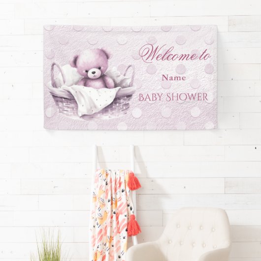 Roze Teddybeer in mand Baby shower Spandoek (Insitu)