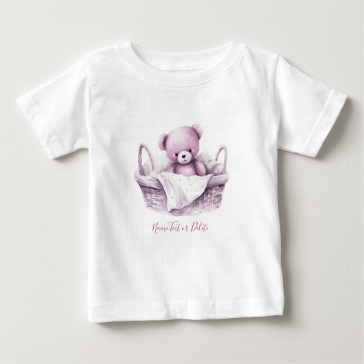 Roze teddybeer in mand babyshirt (Voorkant)