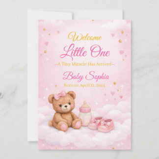 Roze Teddybeer Meisje Geboorte Aankondigingskaart Kaart