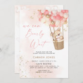 Roze Teddybeer met Ballonnen Baby Shower Uitnodigi Kaart (Voorkant / Achterkant)