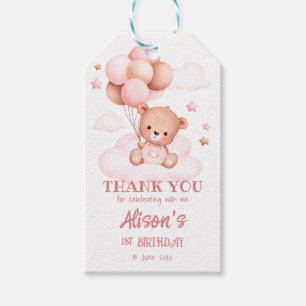 Roze teddybeer met ballonnen op wolken, aangepast  cadeaulabel