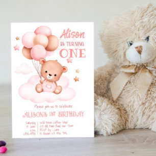 Roze teddybeer met ballonnen op wolken kaart