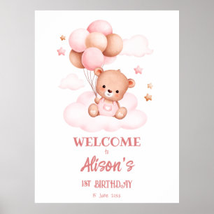 Roze teddybeer met ballonnen op wolken poster