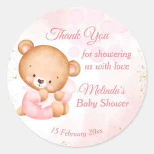 Roze teddybeer met een kussen baby shower ronde sticker