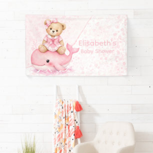 Roze teddybeer op walvis meisje baby shower spandoek