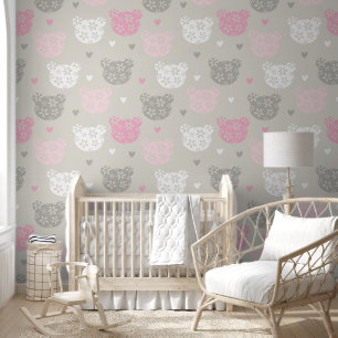 Roze teddybeer oren kanten wandbekleding behang