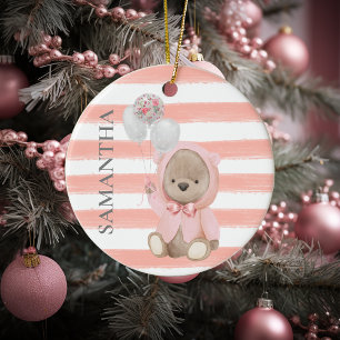 Roze Teddybeer Persoonlijk Baby Cadeau voor Meisje Keramisch Ornament