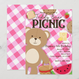 Roze Teddybeer Picknick Verjaardagsfeest Uitnodigi Kaart