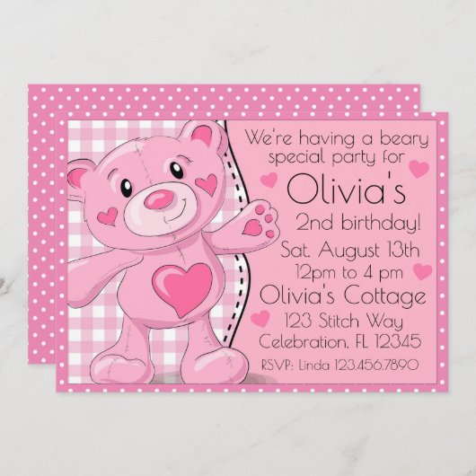 Roze Teddybeer Picnic Meisjes Verjaardag Kaart (Voorkant / Achterkant)