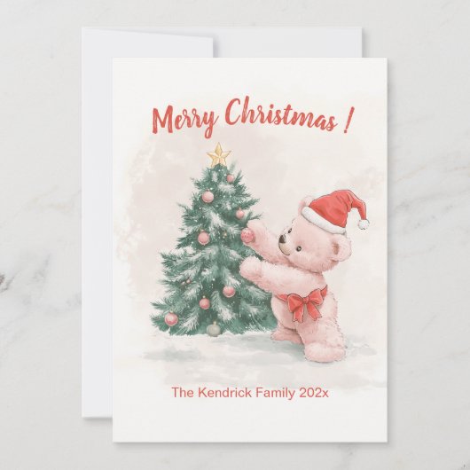 Roze teddybeer retro kerst Kaart (Voorkant)