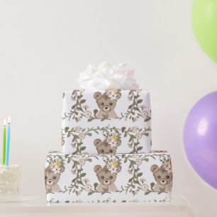 Roze Teddybeer Roze & Geel Bloemen Wit Cadeaupapier