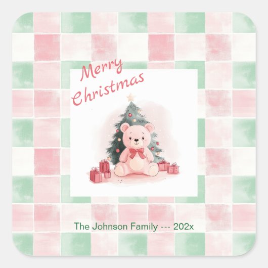 Roze teddybeer Schattigee kerst Vierkante Sticker (Voorkant)