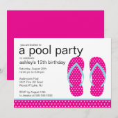 Roze Teenslippers Pool Party Invitation Kaart (Voorkant / Achterkant)