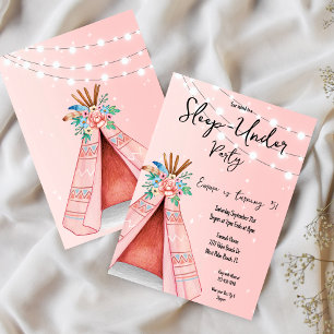 Roze Teepee Slaap-Under Verjaardagsfeest Uitnodigi Kaart