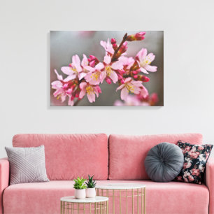 Roze tegen een grijze hemel Japanse Cherry Blossom Canvas Afdruk