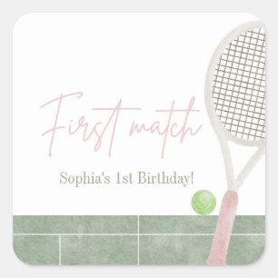 Roze Tennis Eerste Verjaardag Preppy Klassiek Fees Vierkante Sticker