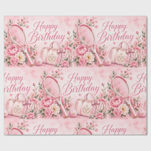Roze Tennis Gelukkige Verjaardag Bloemige Waterver Cadeaupapier