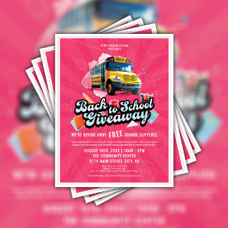 Roze 'Terug naar school'-weggeefactie schoolbus fl Flyer