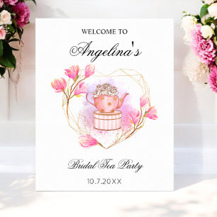 Roze Thee Feestje Bruiloft Roze Gouden Bloemen Poster