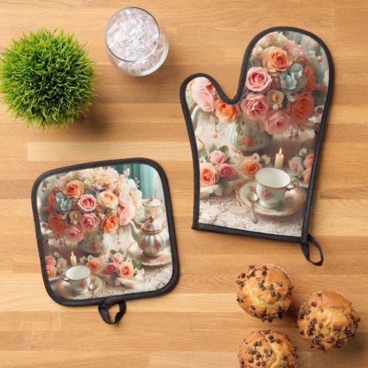 Roze Thee Party Oven Mitt en Pot Houders Ovenwant & Pannenlap Set (Top down)