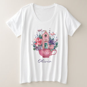 Roze Theekopje Sprookjeshuis Dames Wit Grote Maat T-shirt