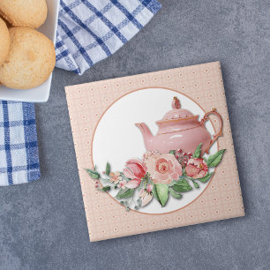 Roze theepot bloemmotief Lijst Tegeltje