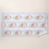 Roze theepot met bloemen en bustaartroep strandlaken (Voorkant)