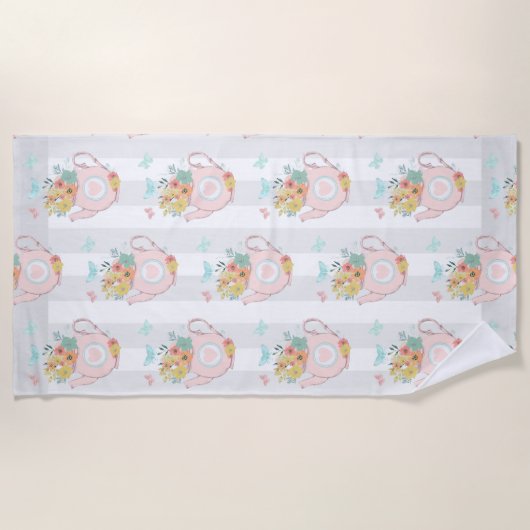 Roze theepot met bloemen en bustaartroep strandlaken (Voorkant)