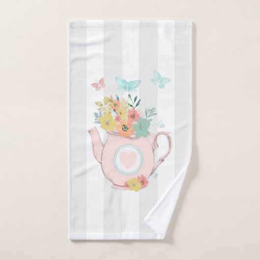 Roze theepot met bloemen en vlinders bad handdoek (Handdoek)