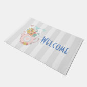 Roze theepot met bloemen en vlinders Welkom Deurmat (Schuin)